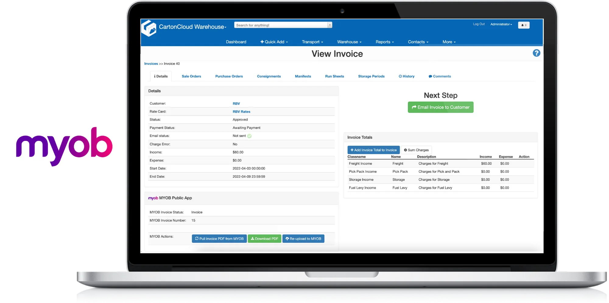 Laptop screen displaying CartonCloud Warehouse 'View Invoice' page with invoice details, MYOB integration options, and the MYOB logo on the left.