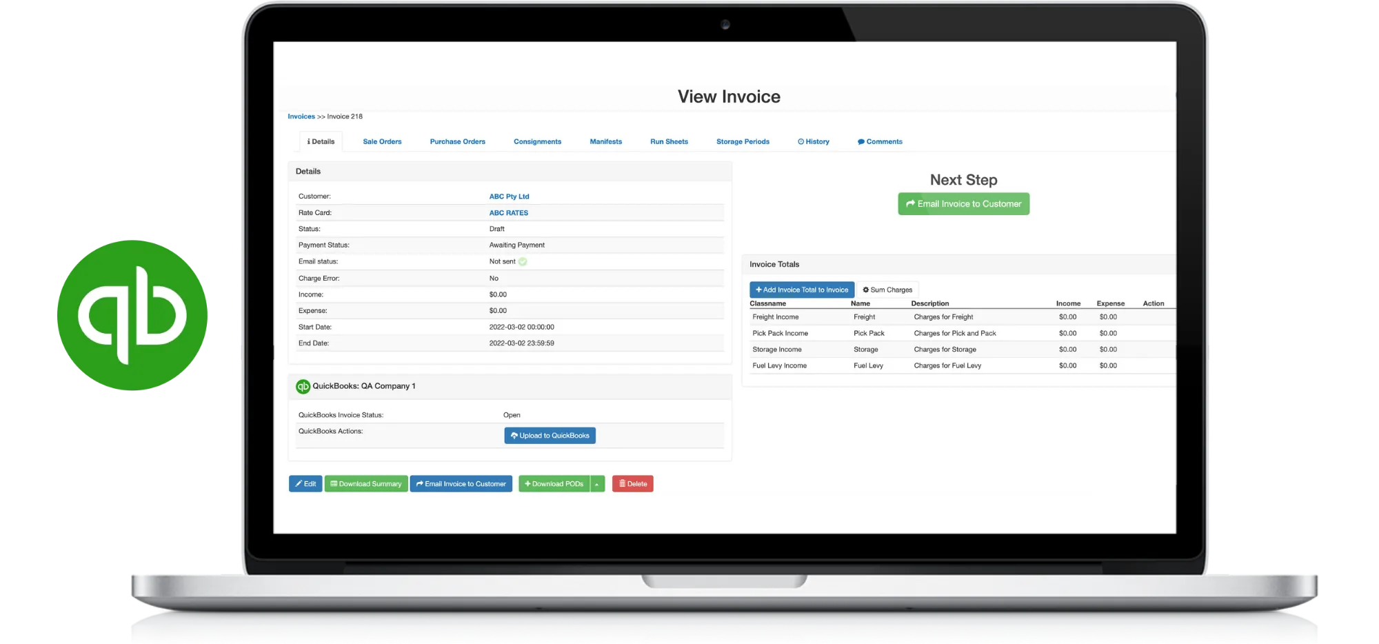 Laptop screen showing an invoice management interface with details, invoice totals, and QuickBooks integration options.