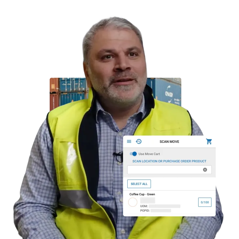 Man in a yellow safety vest sitting with stacked shipping containers in the background and a digital interface showing inventory scan options overlayed.