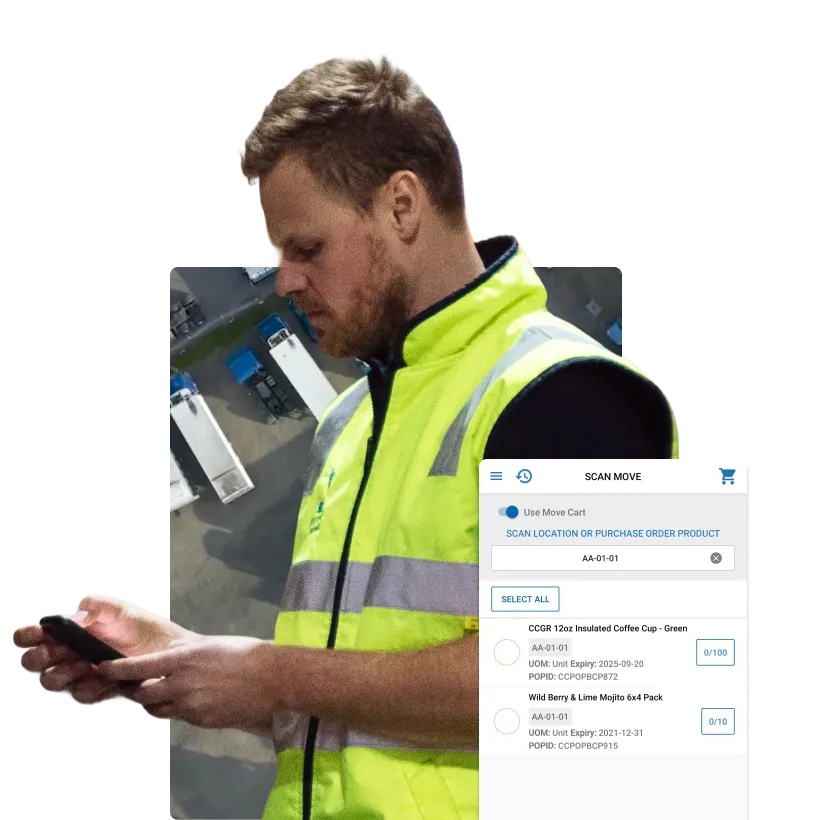 Warehouse worker in a yellow safety vest using a mobile device with an inventory scanning app overlay.