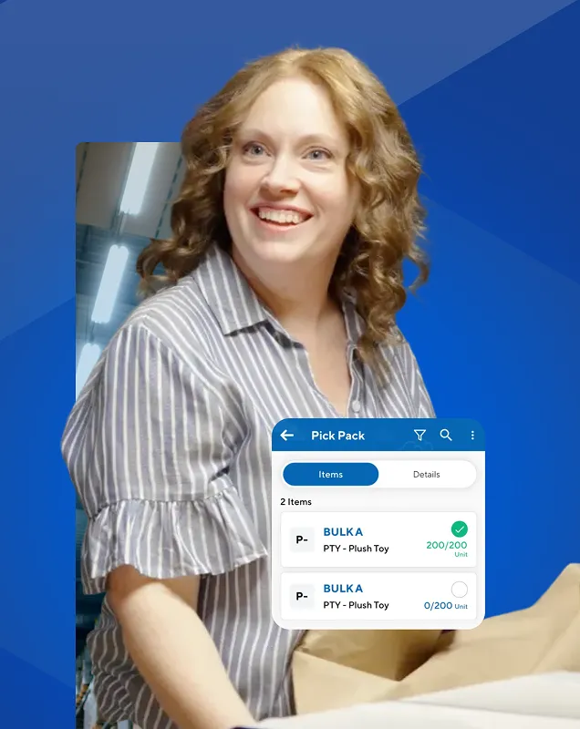 Core Logistics Services founder Cass Strunk holding a box with a digital overlay of a 'Pick Pack' app screen showing plush toy items.