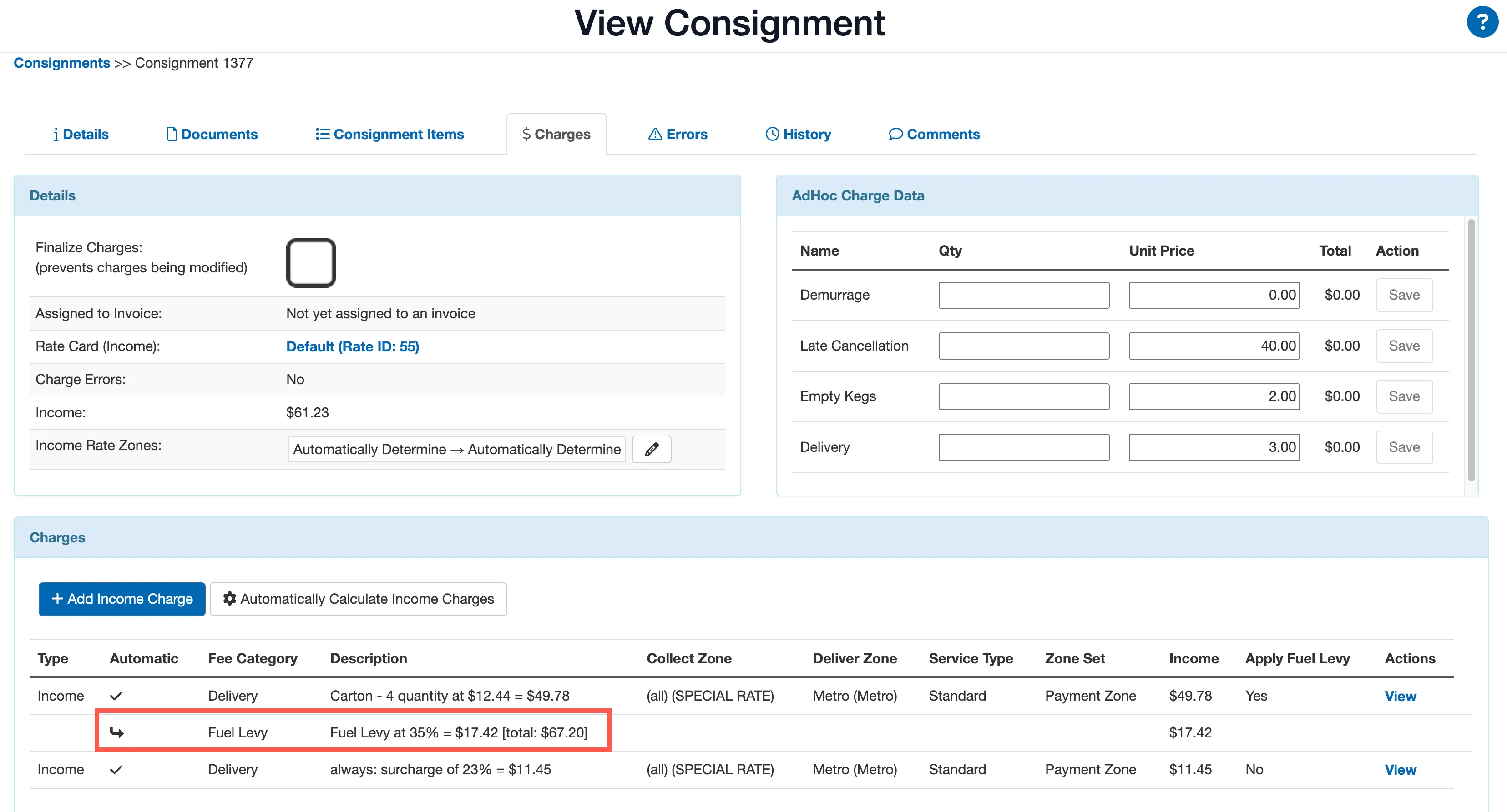 CartonCloud Consignment Fuel levy view