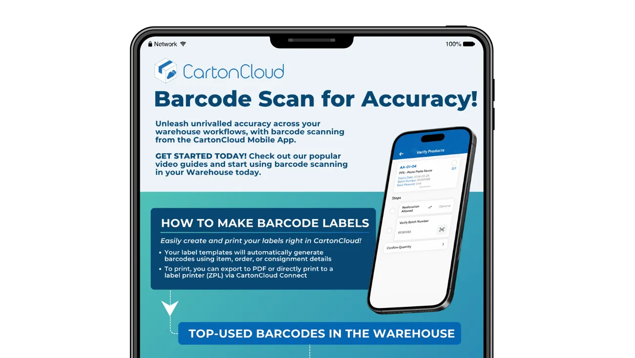 Download CartonCloud's free mobile barcode scanning guide to unlock top scanning workflows and free video scanning guides.