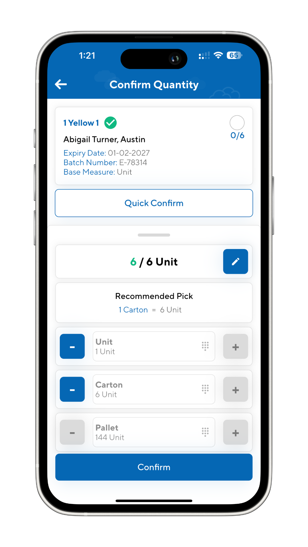 Confirming stock quantity using CartonCloud's Pick to Tote feature on the WMS mobile appt