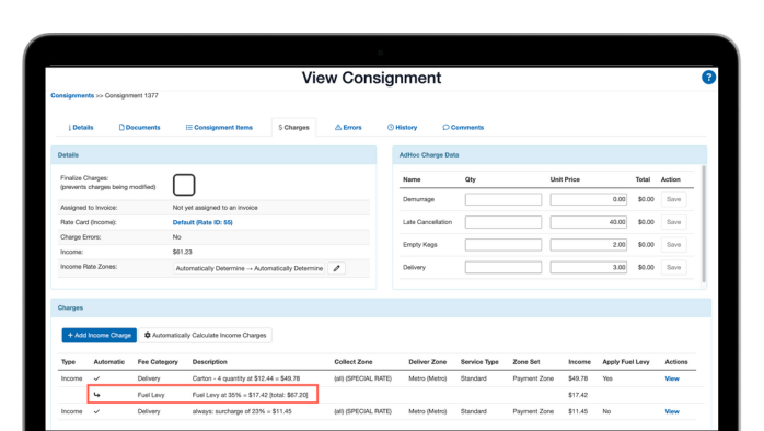 CartonCloud Fuel Levy charges