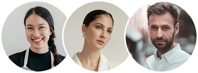 Portraits of three professionals: an Asian woman smiling with braided hair, a woman with slicked-back hair wearing earrings, and a bearded man in a white shirt.