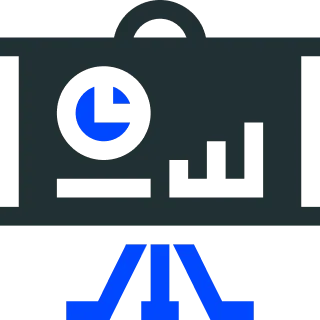 Presentation screen with pie chart and bar graph icons in blue and black.