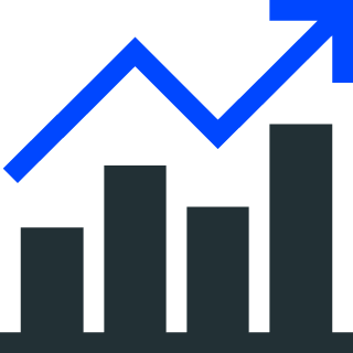 Bar chart with four bars of increasing height and a blue upward trending arrow above them.