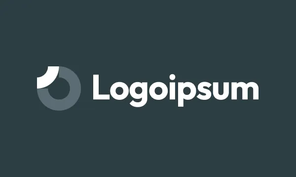 Logoipsum wordmark with a circular abstract icon composed of dark and light gray segments on dark background.