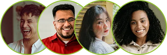 Four diverse people smiling inside circular frames with a green border.