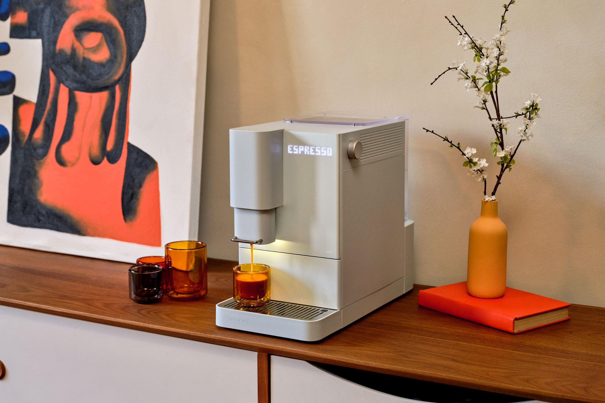 Terra Kaffe Demi espresso machine on a walnut sideboard