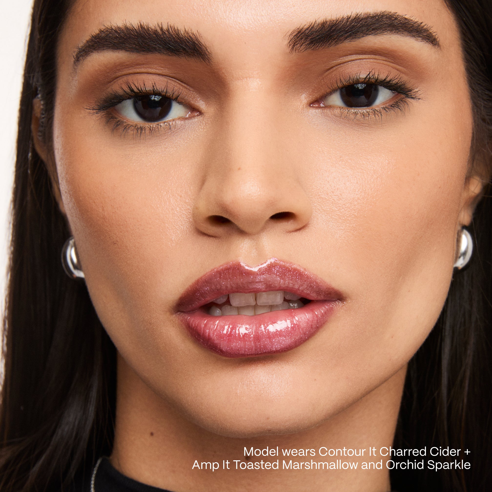 Model wearing POV Beauty lip and contour products
