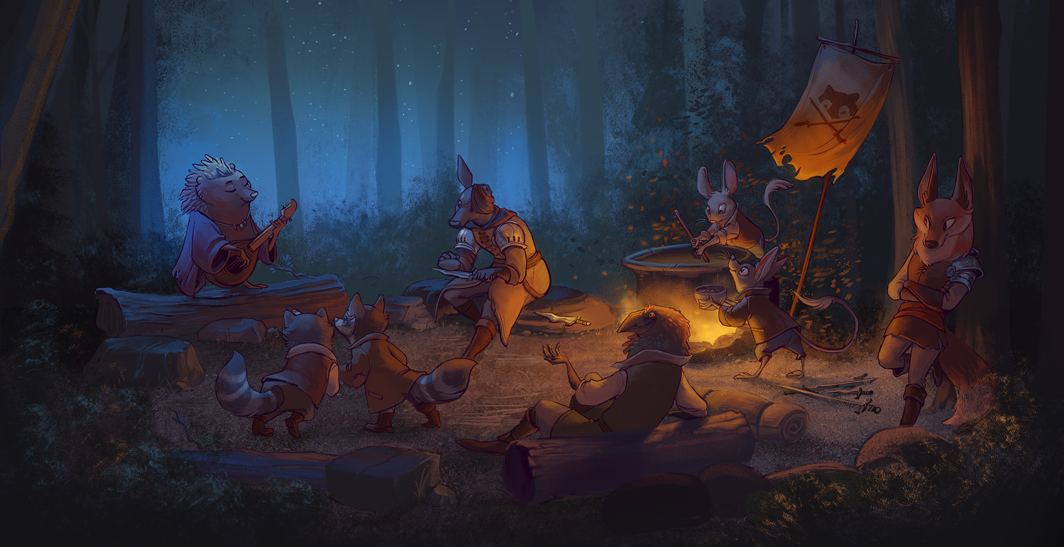 Humblewood artwork of woodland creatures gathered around a campfire at night