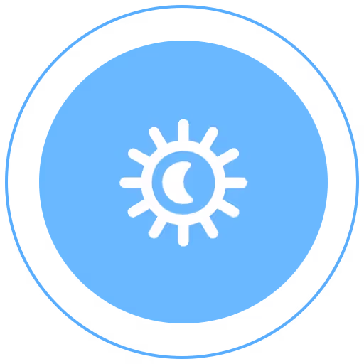 
Símbolo de la luna y el sol superpuestos, en blanco y azul claro, con un borde blanco y una línea azul fina, representando flexibilidad en los horarios de clases.