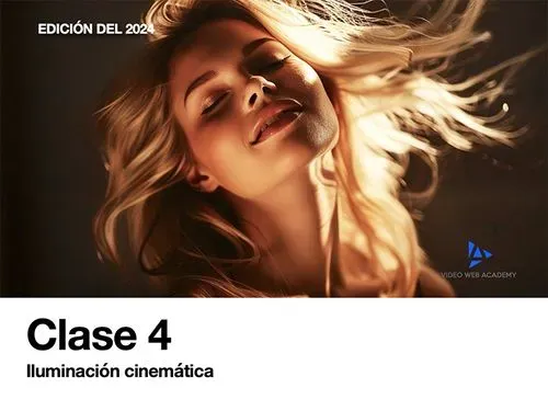 Portada de la clase número 4,  la iluminación cinemática. La imagen es un primer plano ligeramente en picado de una muchacha que está en una habitación oscura, ella tiene los ojos cerrados y su pelo rubio se mueve. La luz principal le da en la espalda mientras la luz de relleno la ilumina de abajo hacia arriba.