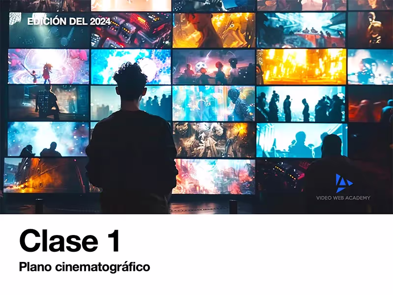 Portada de la clase número 1,  el plano cinematografico. La imagen es un plano medio dorsal. Un muchacho se encuentra en una habitación oscura, mirando detenidamente hacia la pared que está cubierta de pantallas.