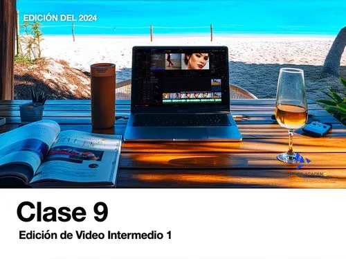 En una cabaña frente al mar, se divisa una playa caribeña de arenas blanquísimas y aguas turquesas tranquilas. Sobre una mesa de madera reposan una revista, una copa de cristal medio llena con una bebida ámbar y una computadora Apple con el programa de edición DaVinci Resolve abierto. Es un día cálido, sin viento, donde reina una paz absoluta.