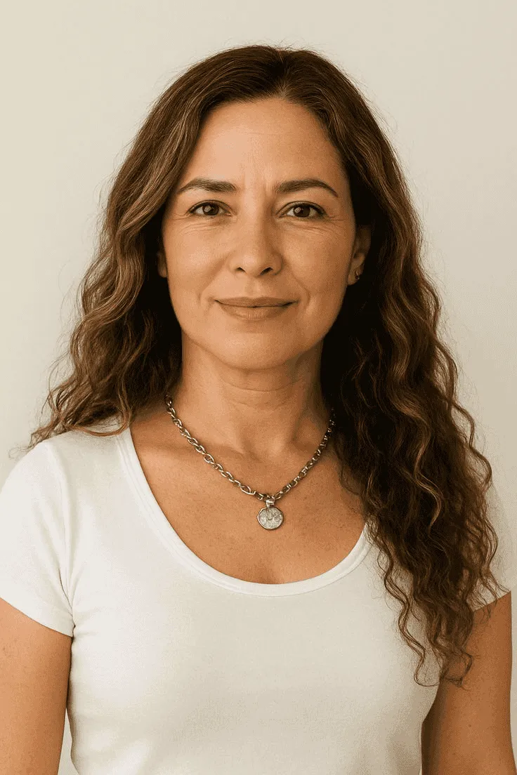 Smiling woman with long wavy brown hair wearing a white shirt and a silver chain necklace with a round pendant.