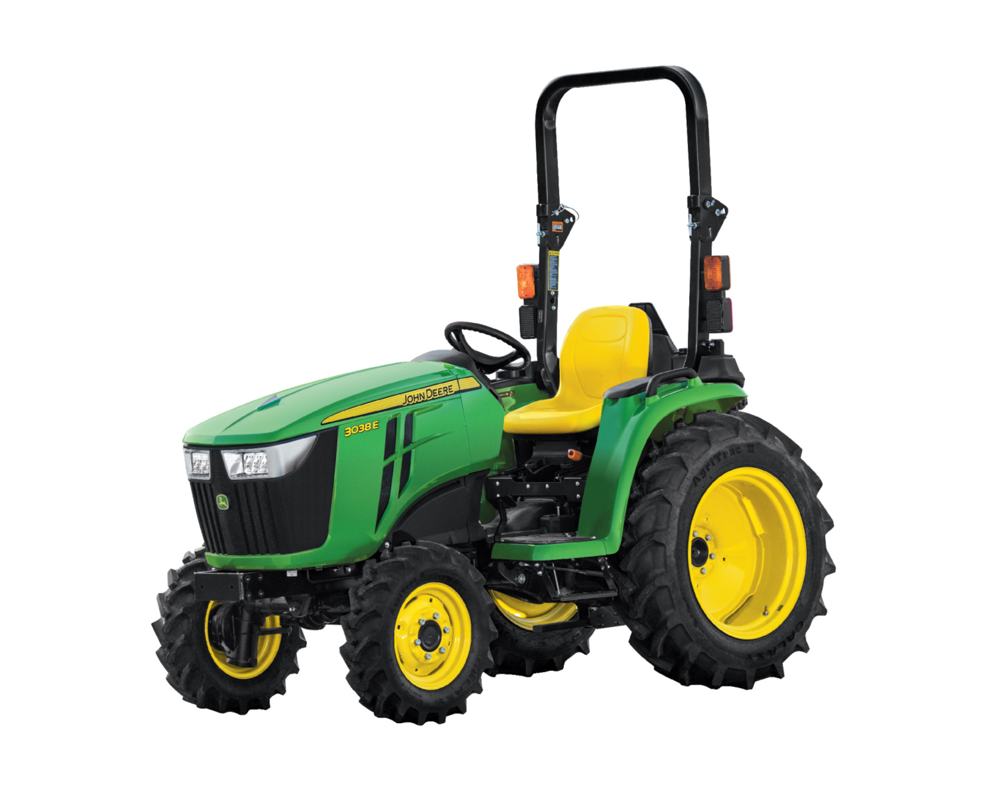 A John Deere 3038E tractor.