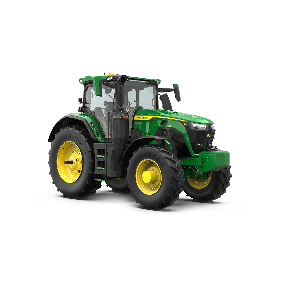 Front right studio graphic of a 6R 230 tractor on white background.