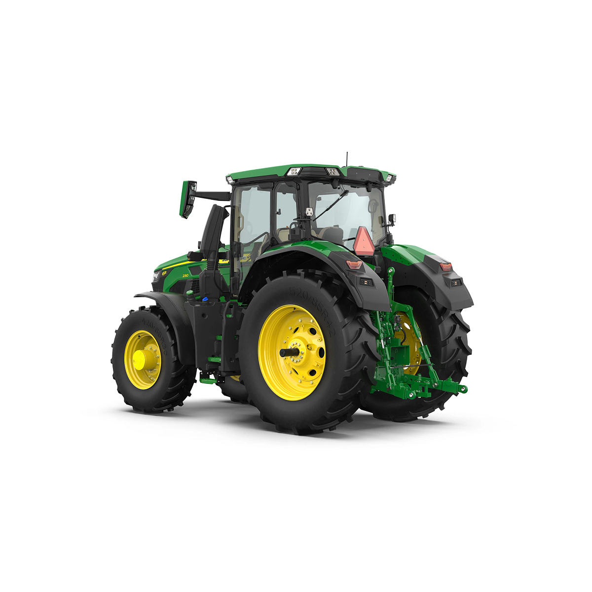 Rear left studio graphic of a 6R 230 tractor on white background.