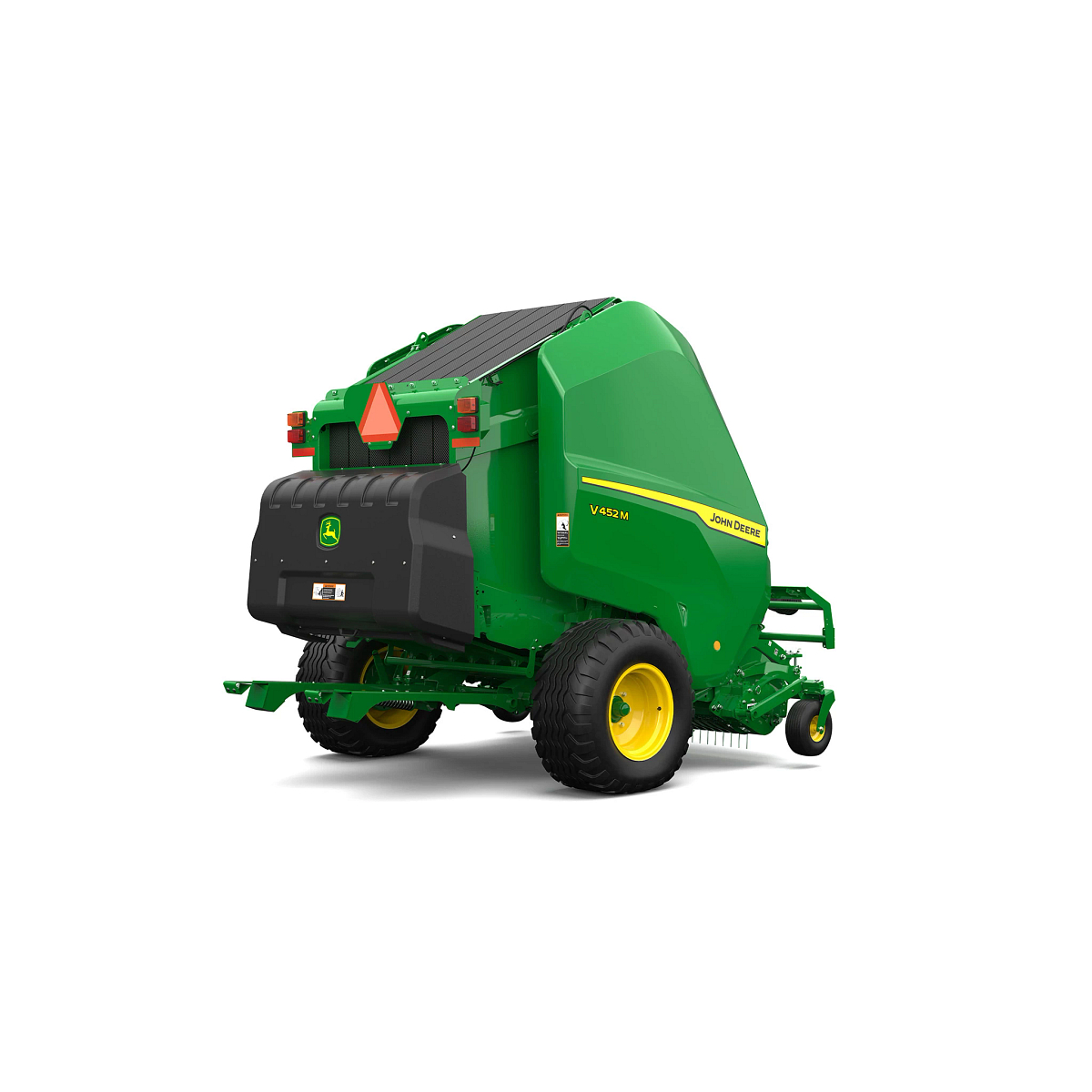 Studio rendering of V452M round baler shown from a rear three-quarter angle on a white background, featuring a green body, yellow wheels, rear cover with John Deere logo, safety reflector, warning markings, and enclosed bale chamber