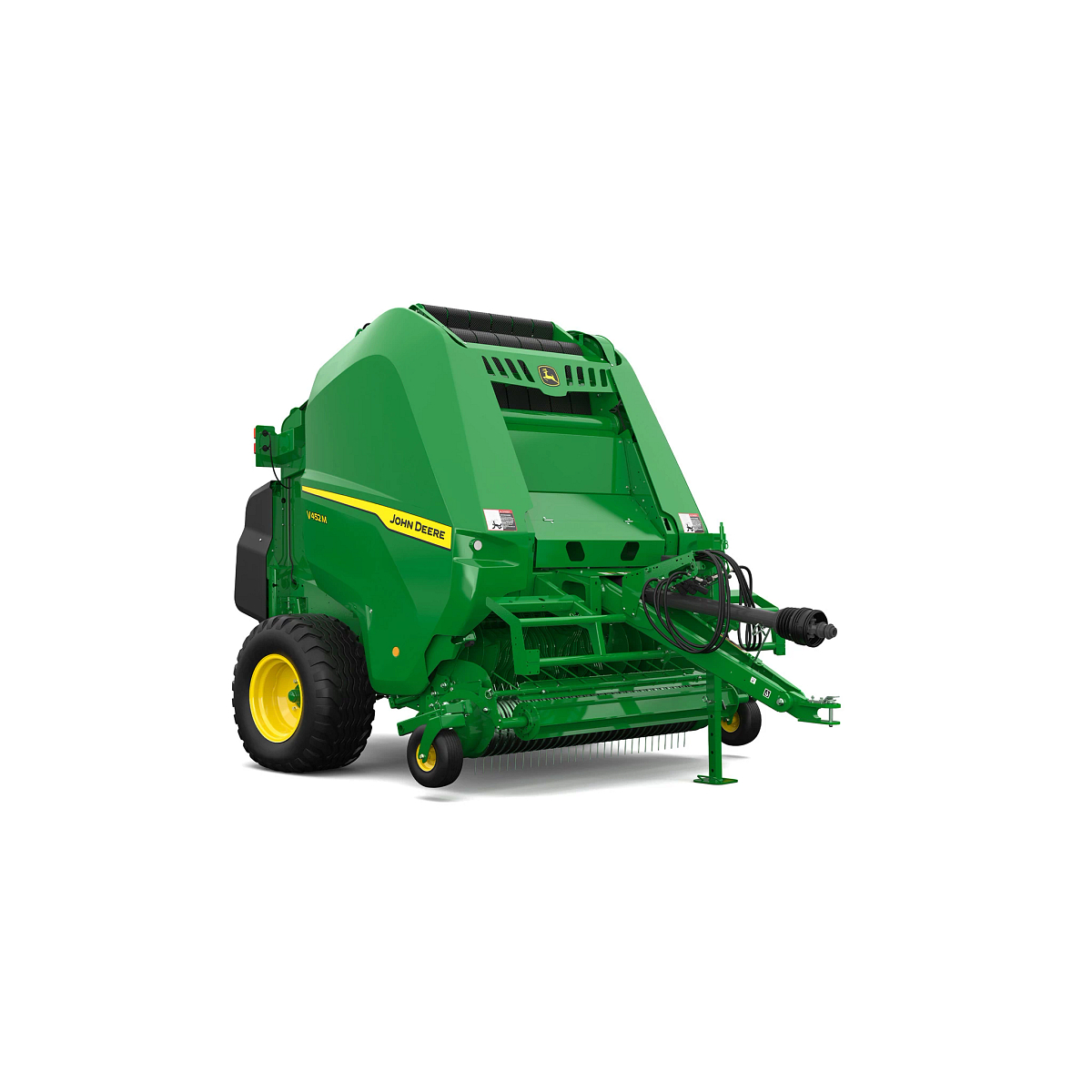 Studio rendering of V452M round baler shown from a front three-quarter angle on a white background, featuring a green body, yellow wheel, pickup assembly, PTO driveline, hydraulic hoses, front support stand, and bale chamber housing