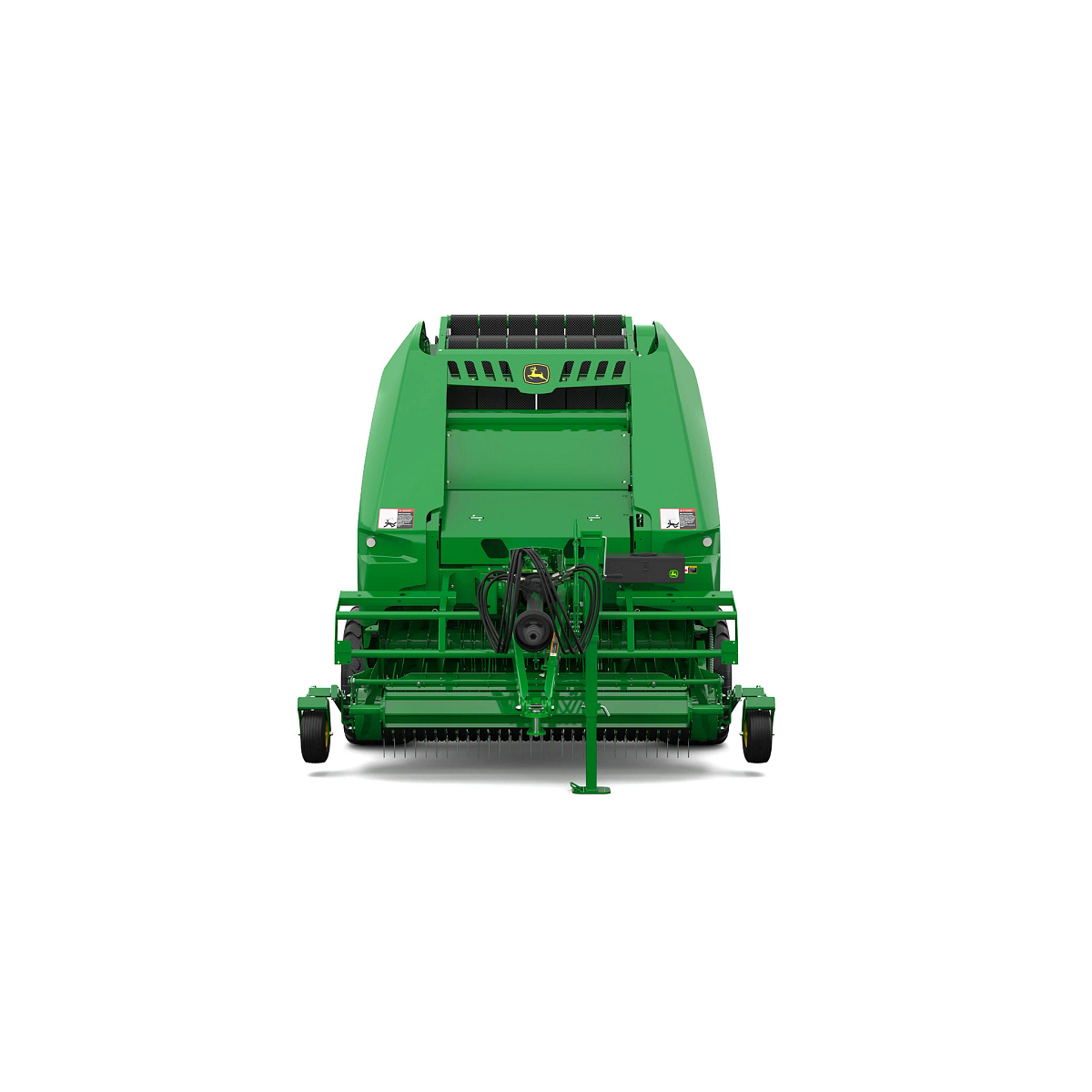 Studio rendering of V452M round baler shown from the front on a white background, featuring a green body, pickup assembly, PTO driveline, hydraulic hoses, front support stand, and enclosed bale chamber housing