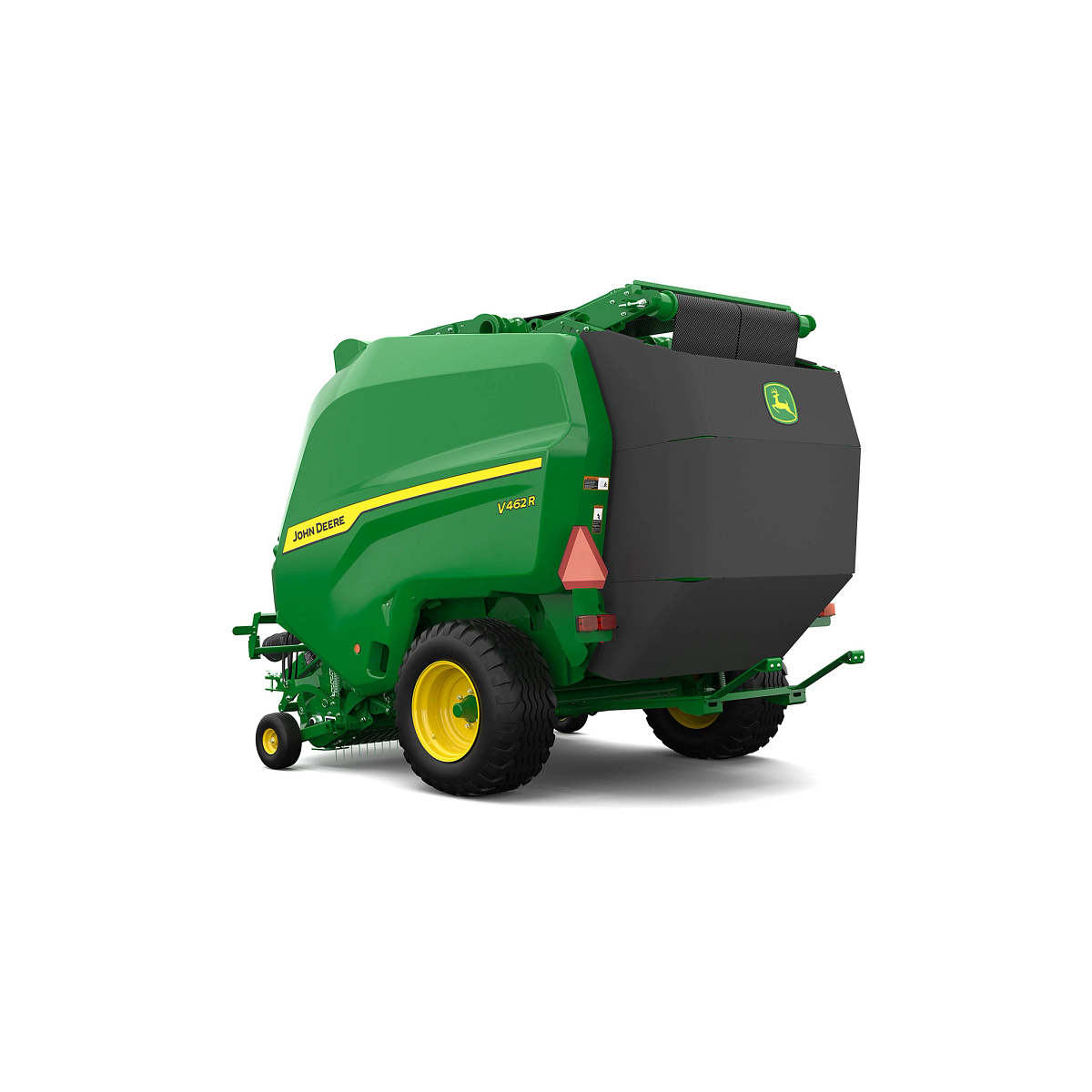 Studio rendering of V462R round baler shown from a rear three-quarter angle on a white background, featuring a green body, yellow wheels, rear cover with John Deere logo, safety reflector, visible bale chamber belts, and rear discharge ramp