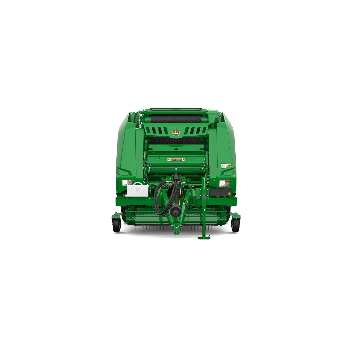 Studio rendering of C452R baler shown from the front on a white background, featuring a green body, pickup assembly, hydraulic hoses, visible intake rotor, front support stand, and integrated wrapping system