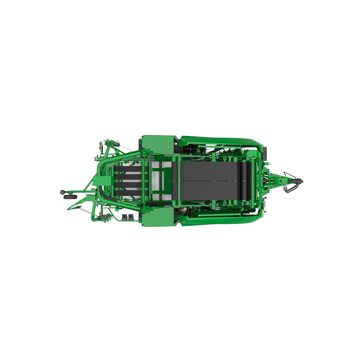 Studio rendering of C452R baler top-down view on a white background, showing the integrated wrapping system, bale chamber belts, hydraulic components, tow hitch, machine frame, and overall equipment layout