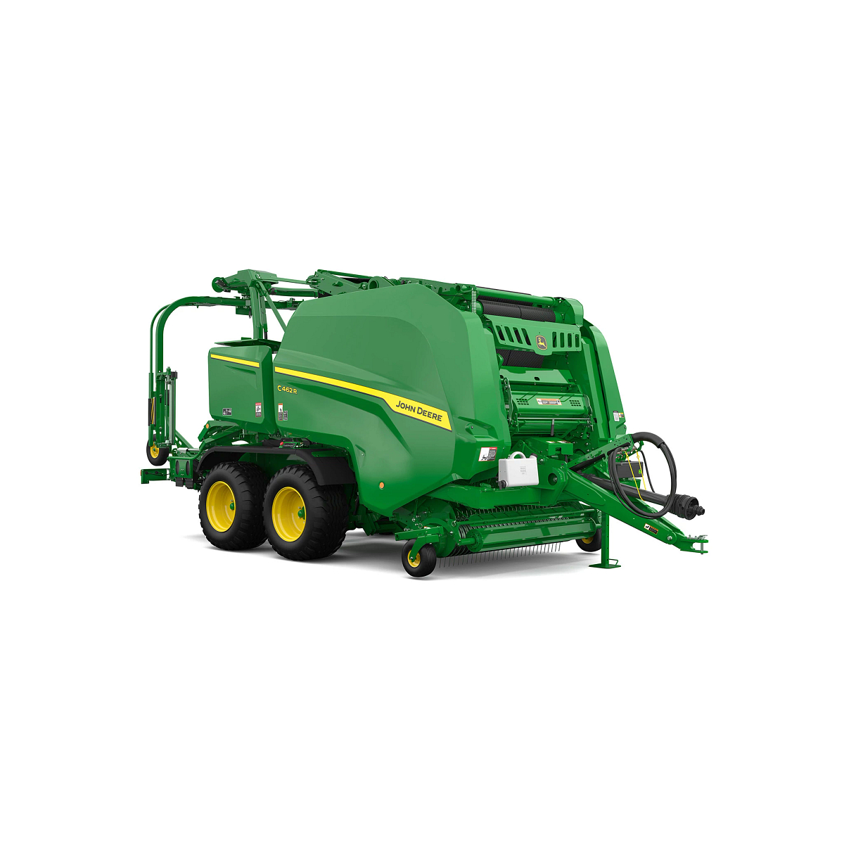 Studio rendering of C462R baler shown from a front three-quarter angle on a white background, featuring a green body, yellow tandem wheels, pickup assembly, hydraulic hoses, integrated wrapping system, and front tow hitch
