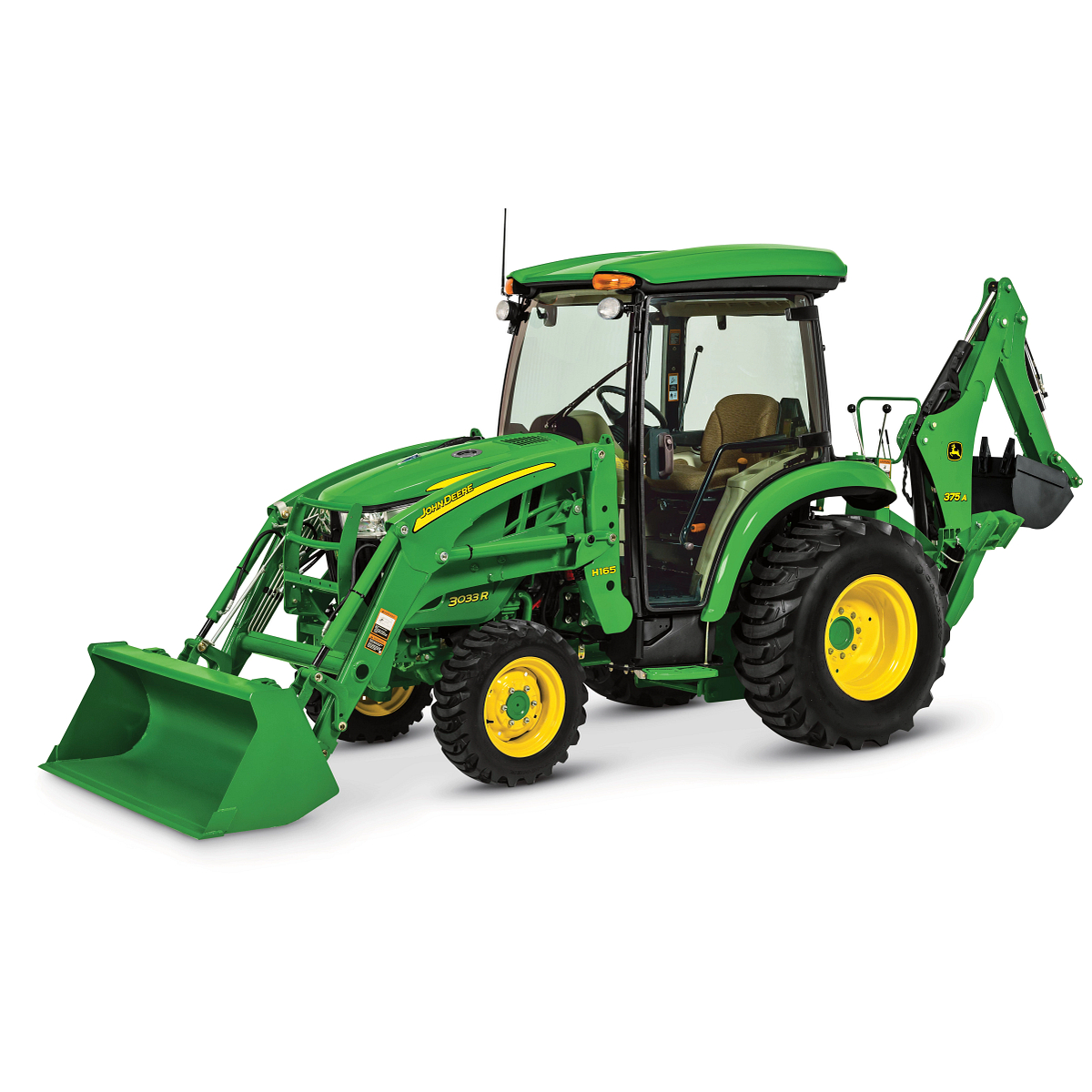 Green tractor with yellow wheels, equipped with a front loader bucket and a rear backhoe attachment, shown on a white background in a side view