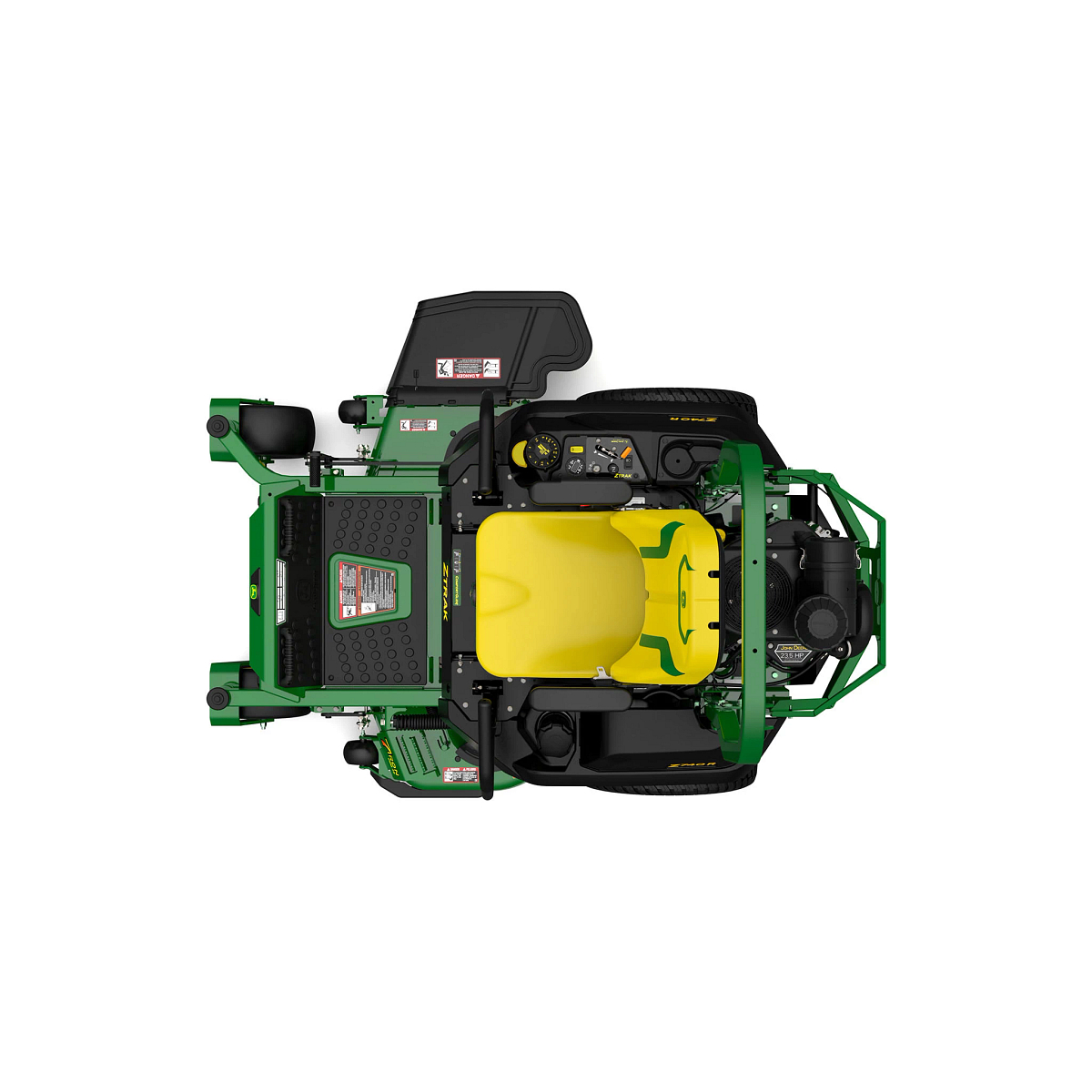 A top-down studio shot of a green zero-turn mower on a white background.