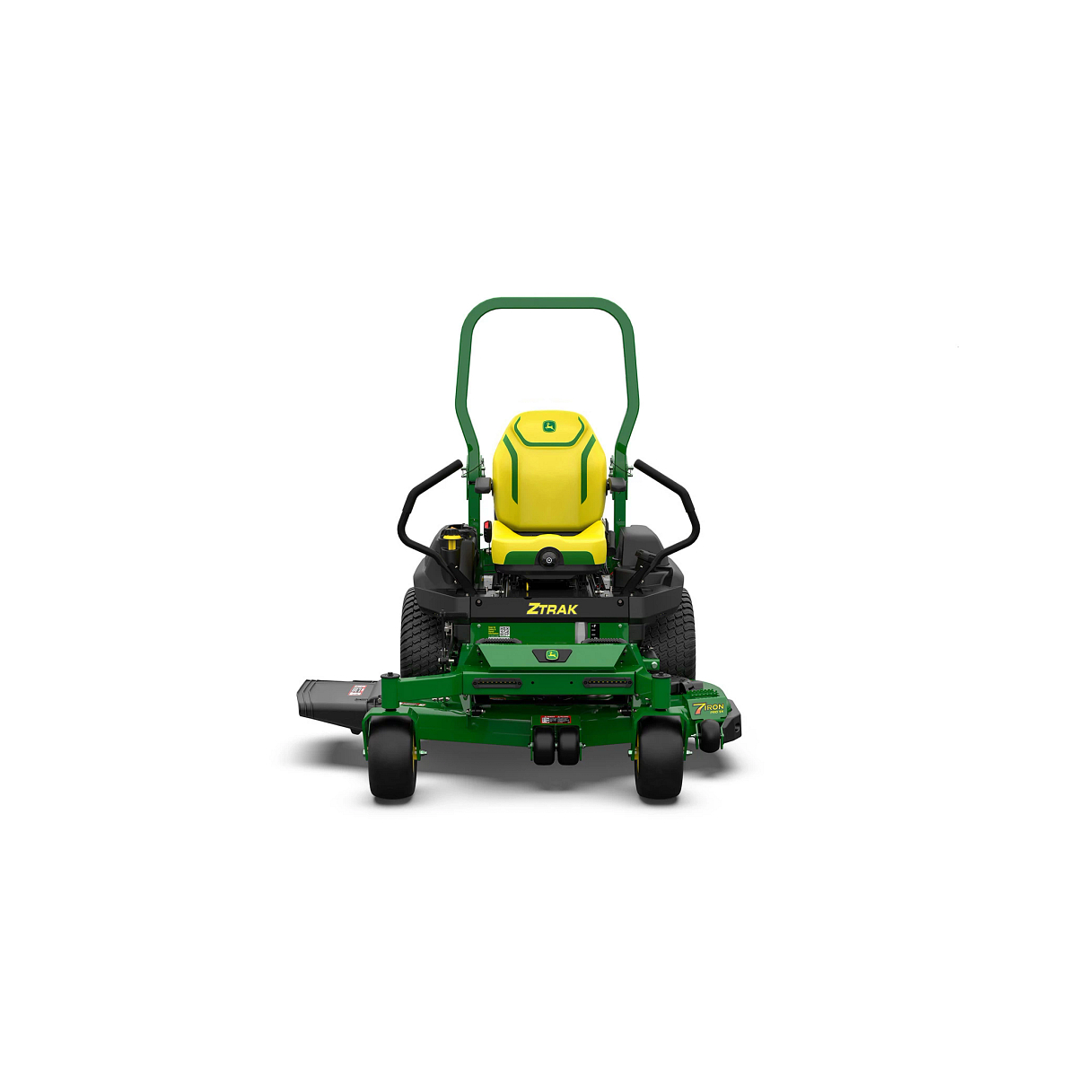 A front-facing studio shot of a green zero-turn mower on a white background.