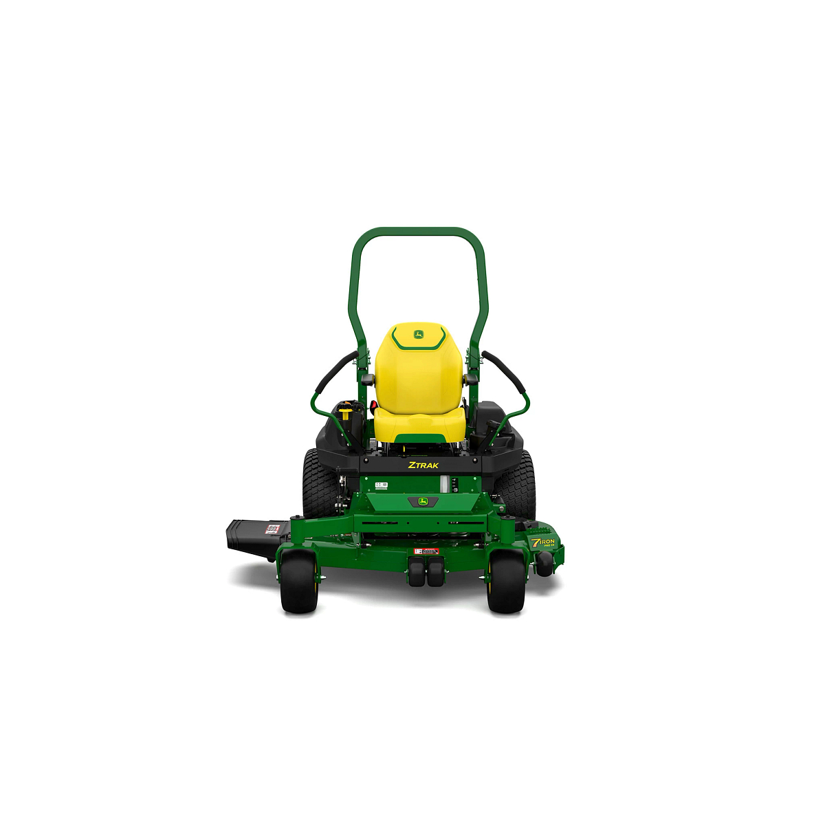 A front-facing studio shot of a green zero-turn mower on a white background