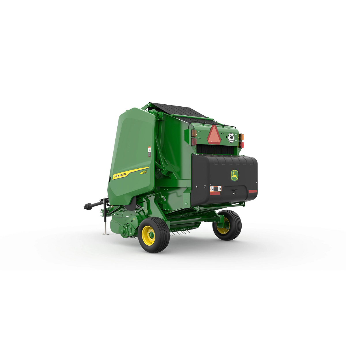 Rear-left close-up studio rendering of John Deere 451E Round Baler