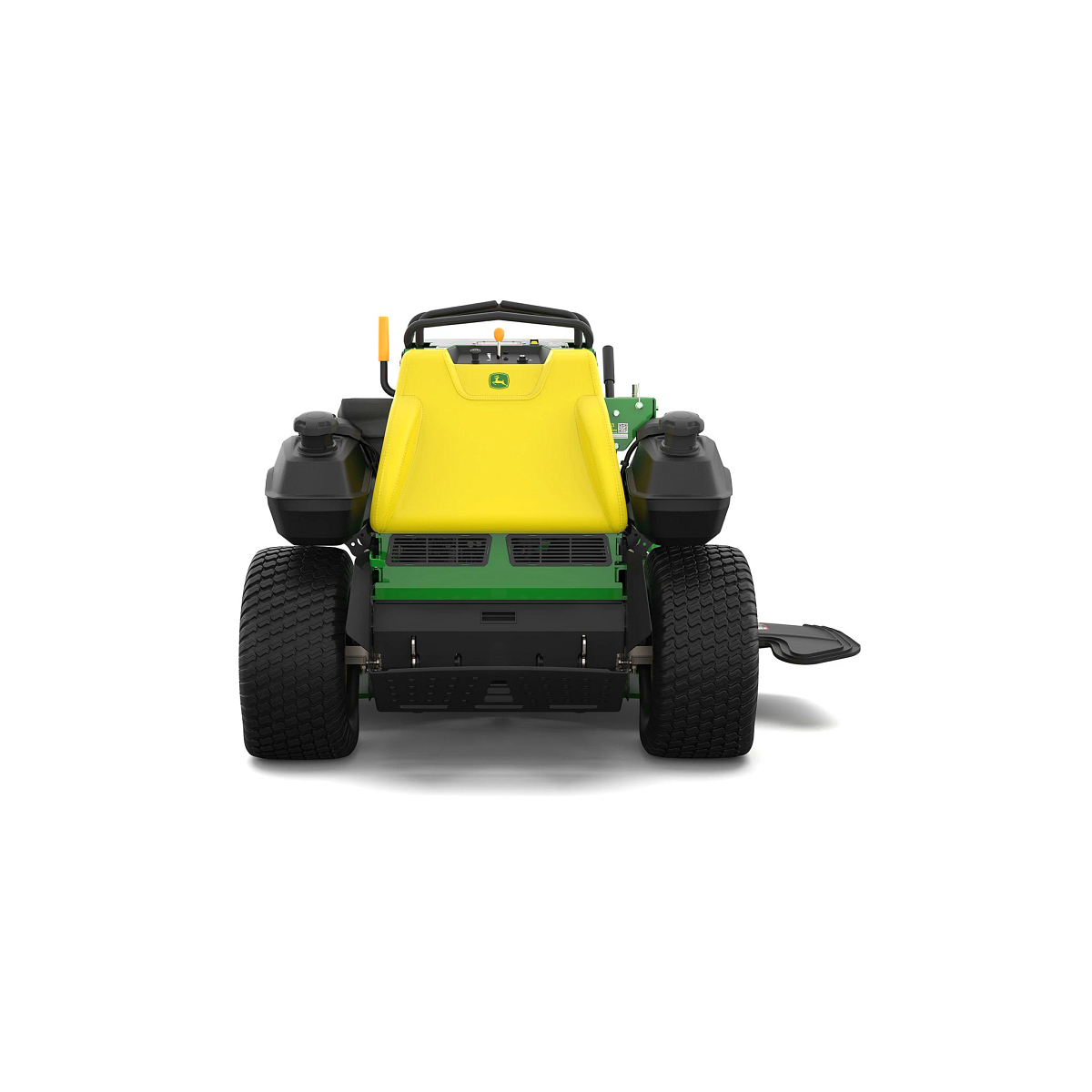 A front-left-facing studio shot of a green stand-on mower on a white background.