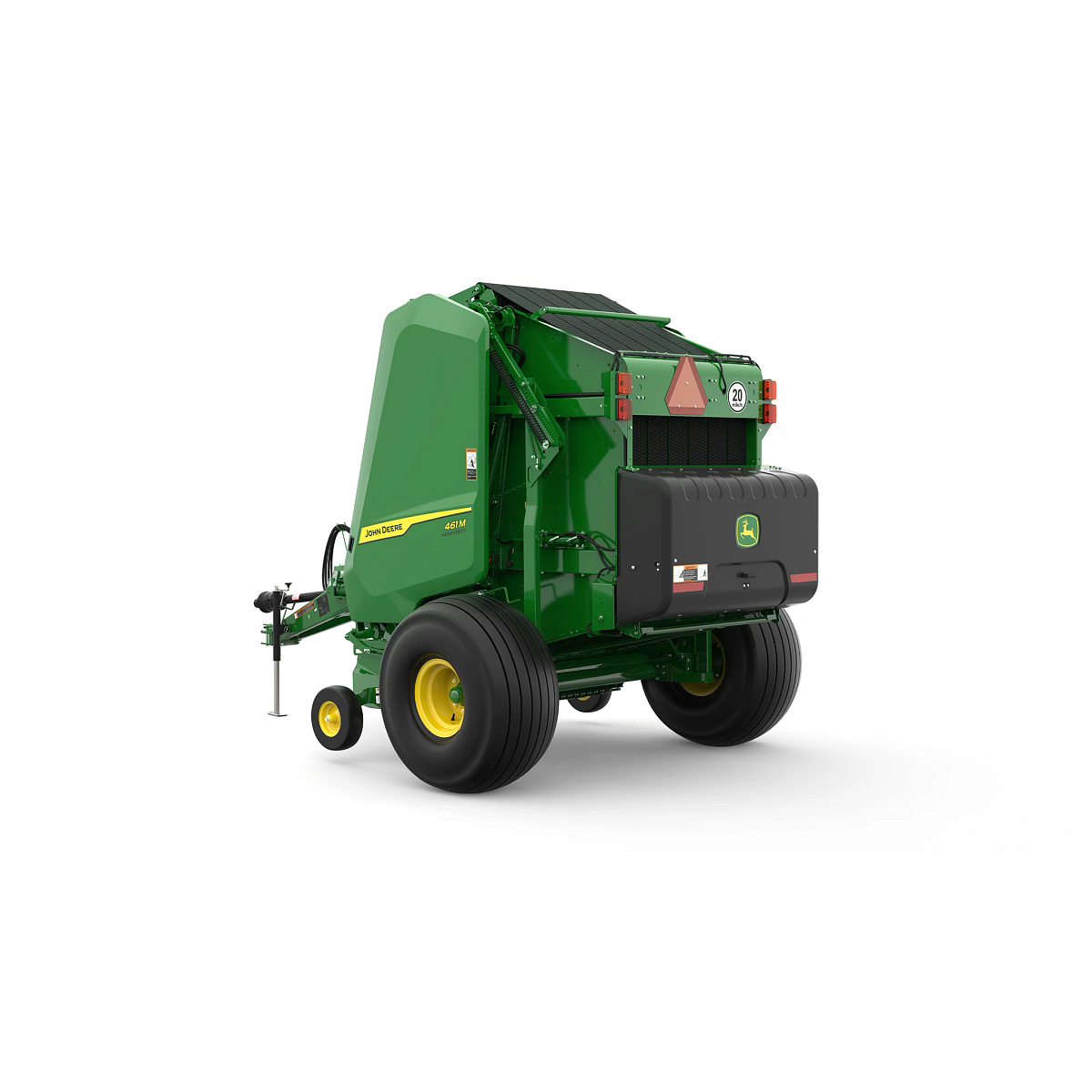 Studio rendering of 461M round baler shown from a rear three-quarter angle on a white background, featuring a green body, yellow wheels, rear storage compartment, bale chamber, and front tow hitch