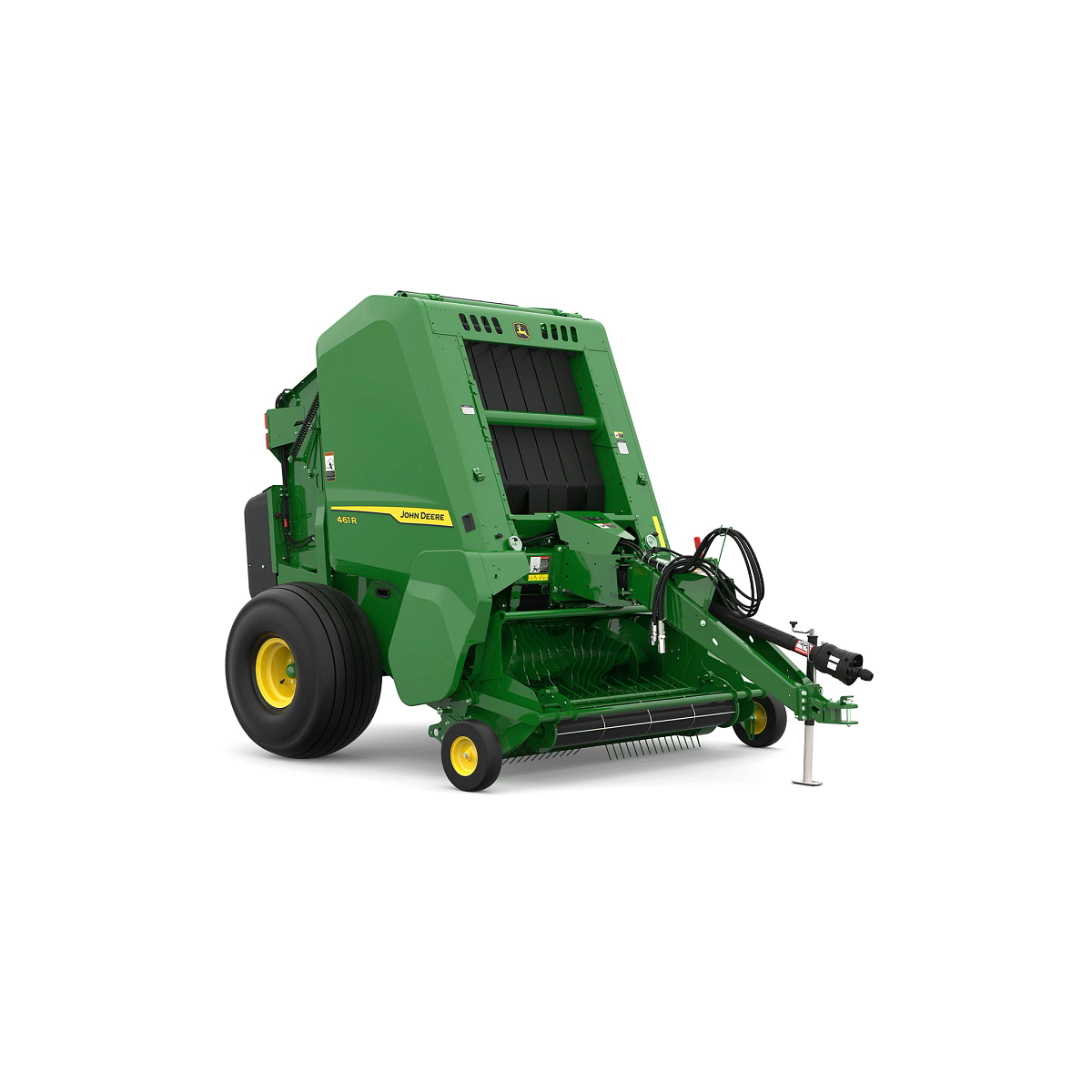 Studio rendering of 461R round baler shown from a front three-quarter angle on a white background, featuring a green body, yellow wheels, exposed pickup assembly, bale chamber opening, and front tow hitch with hydraulic hoses