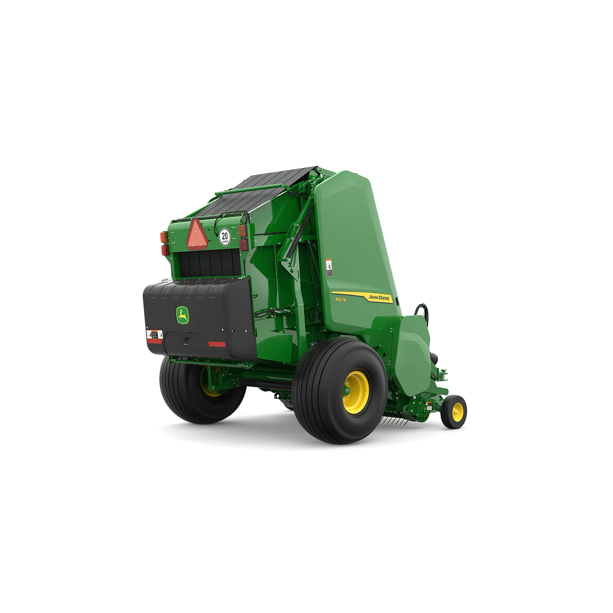 Studio rendering of 461R round baler shown from a rear three-quarter angle on a white background, featuring a green body, yellow wheels, rear compartment with John Deere logo, safety reflector, and enclosed pickup assembly
