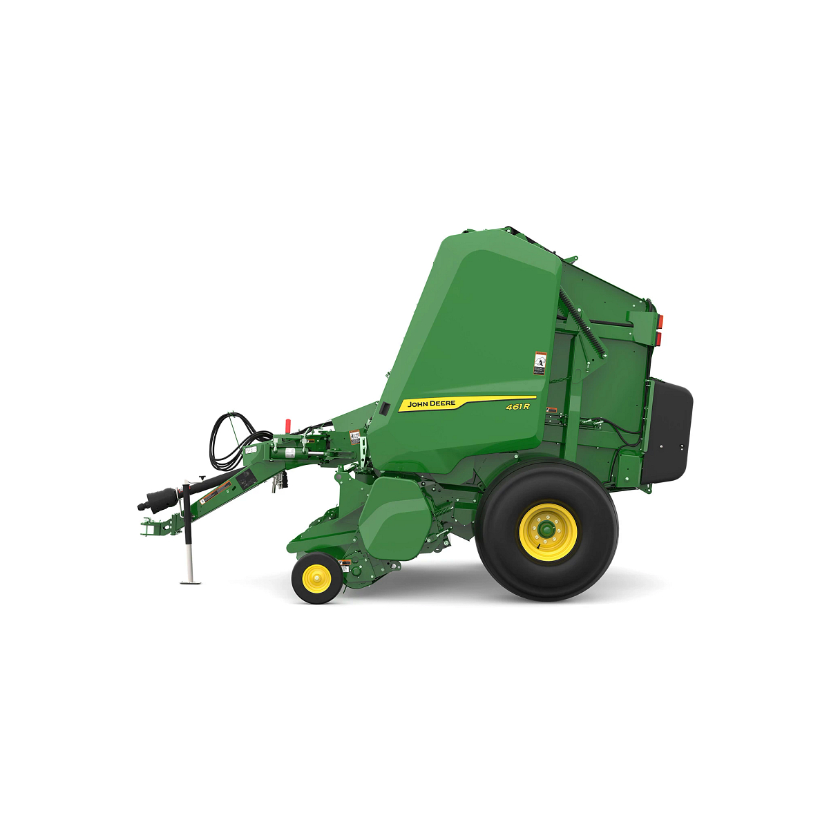 Studio rendering of 461R round baler shown in left-side profile on a white background, featuring a green body, yellow wheels, enclosed pickup assembly, rear bale chamber, and front tow hitch
