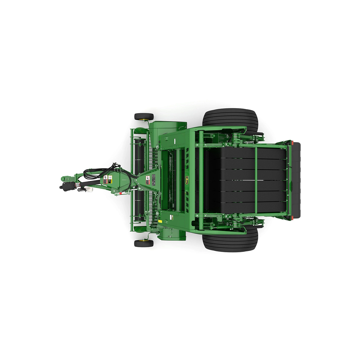 Studio rendering of 461R round baler top-down view on a white background, showing the tow hitch, hydraulic hoses, pickup assembly, bale chamber belts, large rear tires, and machine frame layout