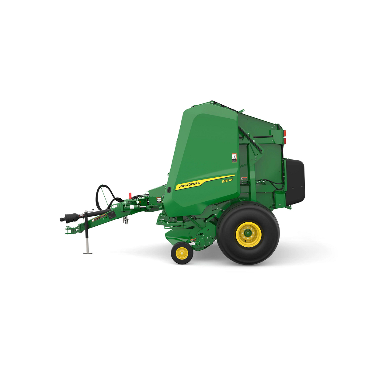 Studio rendering of 561M round baler shown in left-side profile on a white background, featuring a green body, yellow wheels, enclosed pickup assembly, rear bale chamber, hydraulic hoses, and front tow hitch