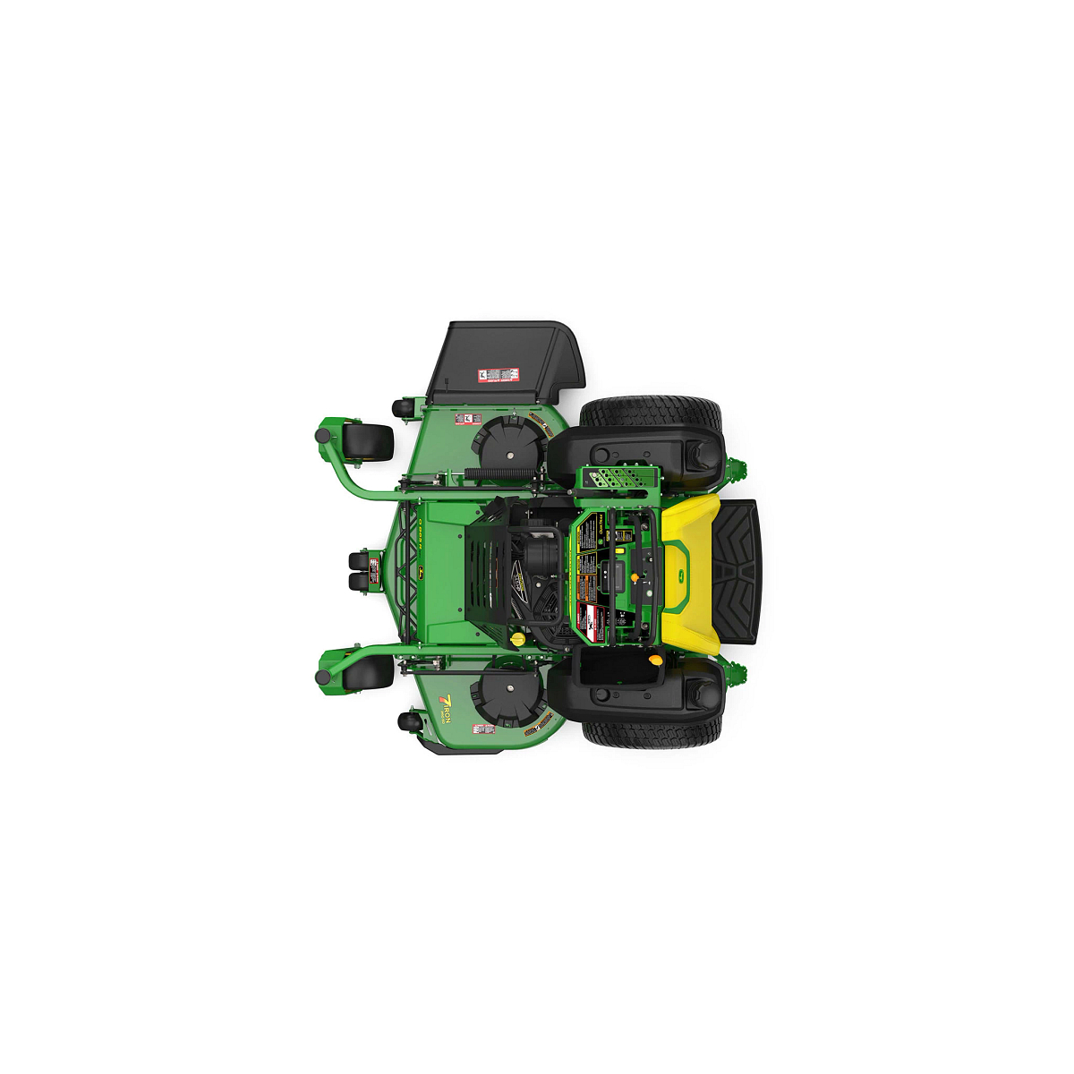 A front-left-facing studio shot of a green stand-on mower on a white background.
