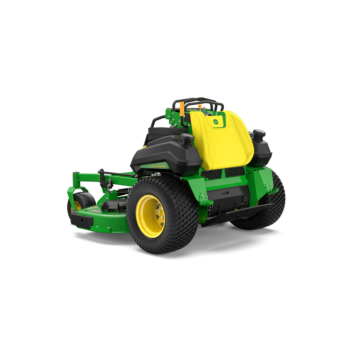 A front-left-facing studio shot of a green stand-on mower on a white background.