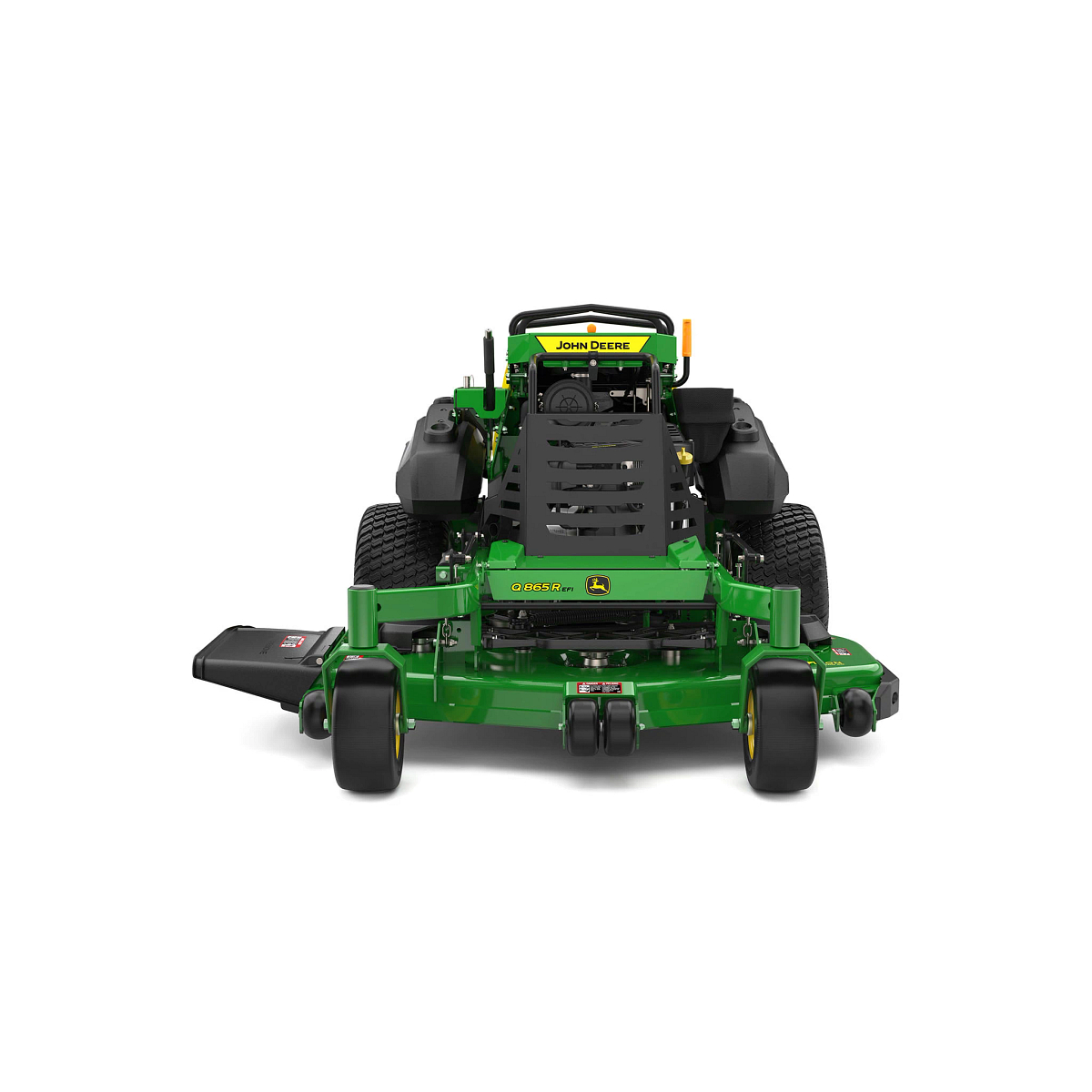 A front-left-facing studio shot of a green stand-on mower on a white background.