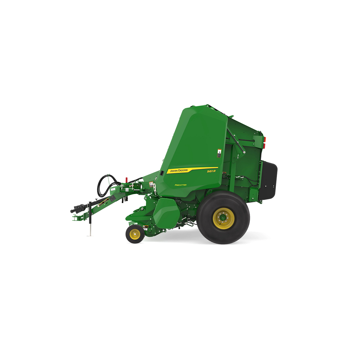 John Deere 561R round baler with Precutter attachment, shown in side profile on a white background, featuring a green body, yellow branding stripe, large rear tire, and front hitch assembly