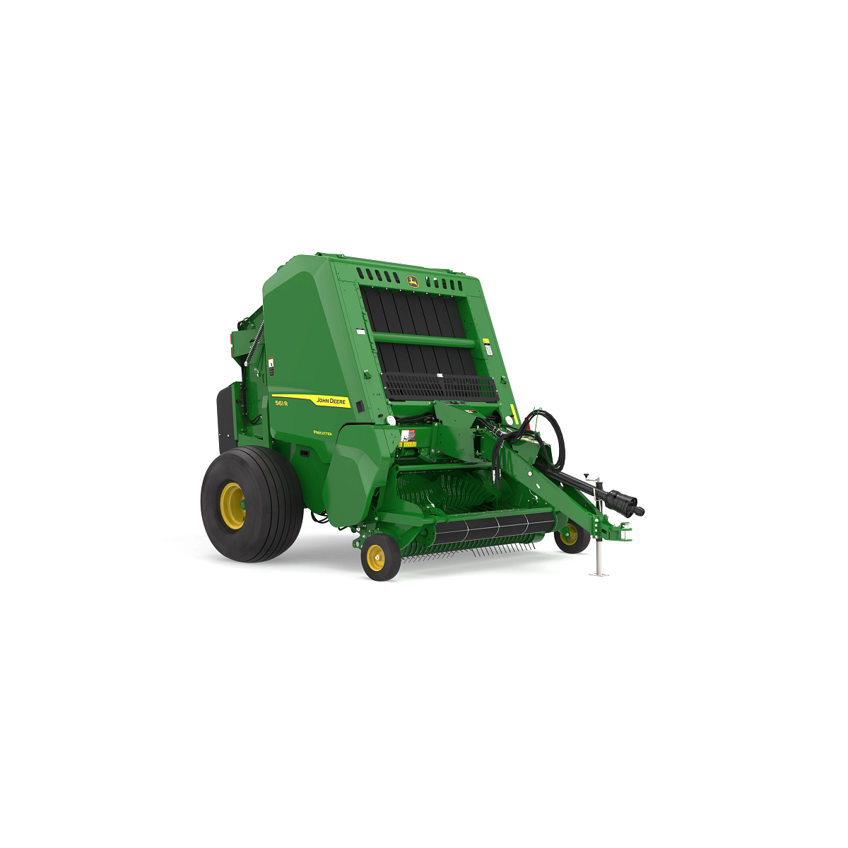 Copilot said: Front three-quarter view of a John Deere 561R round baler with Precutter, displaying the pickup reel, hitch assembly, green body, yellow wheels, and bale chamber on a white background.