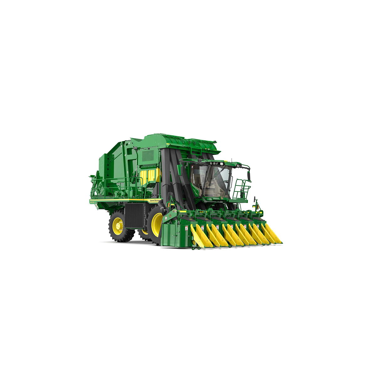 Green CP770 cotton picker with a yellow-row crop header, shown from a front-side angle on a white background.